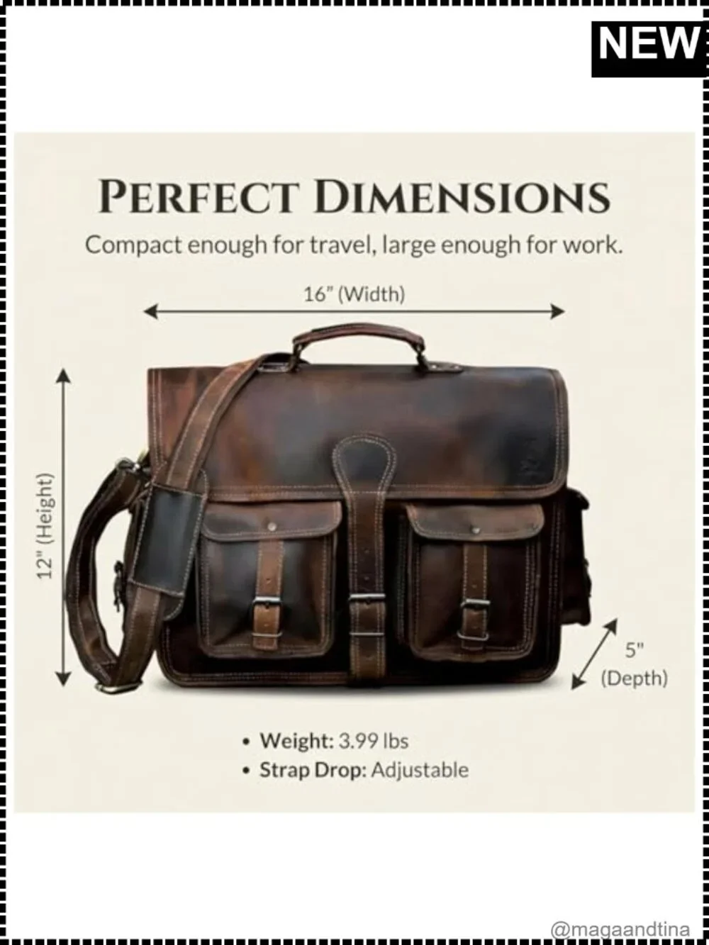 Handcrafted Leather Messenger Bag 16 Inch Laptop Crossbody Satchel Briefcase